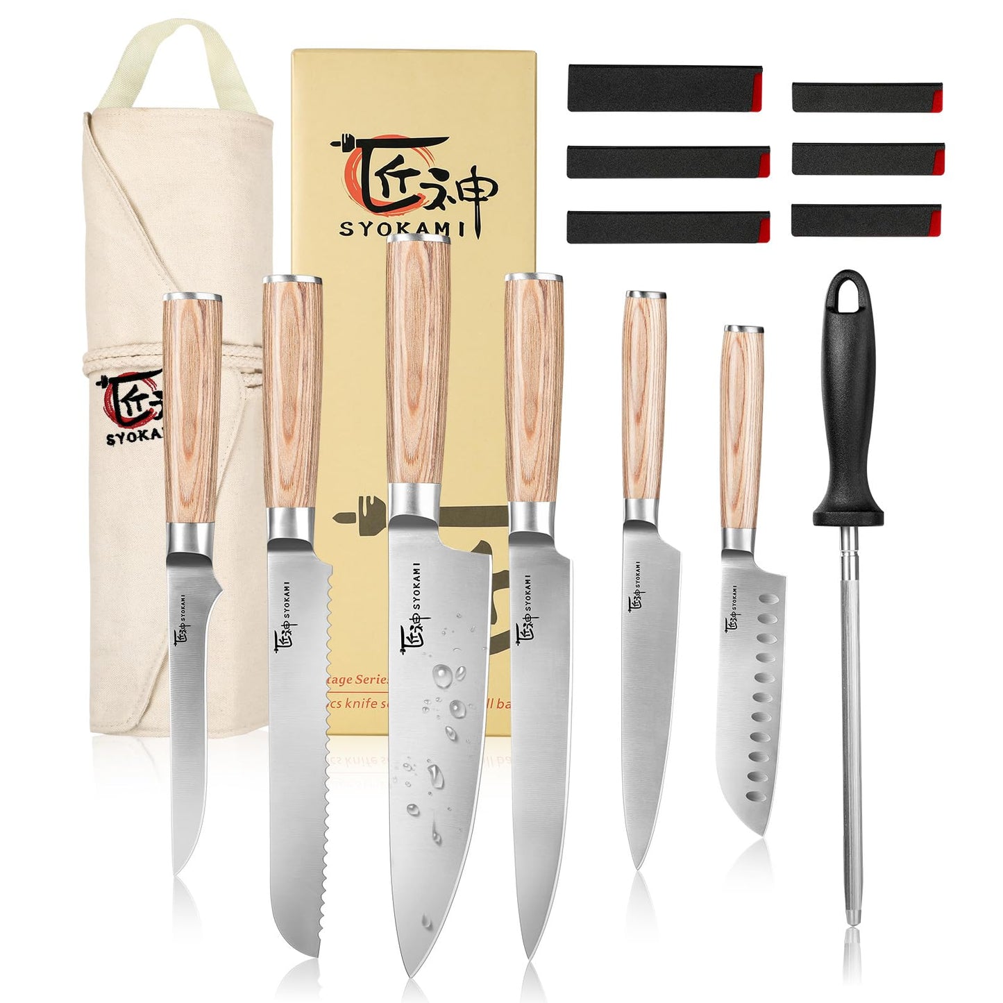 SYOKAMI Chef Knife Set, 14pcs Japanese Kitchen Knife Set with Roll Bag, Pakkawood Handle, High Carbon Stainless Steel Professional Kitchen Knives for Camp Travel Outdoor