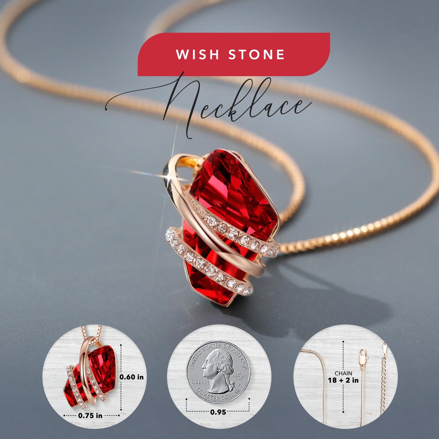 Leafael Wish Stone Pendant Necklace with Red Birthstone Crystal for January and July, 18K Rose Gold Plated, 18" + 2" Chain