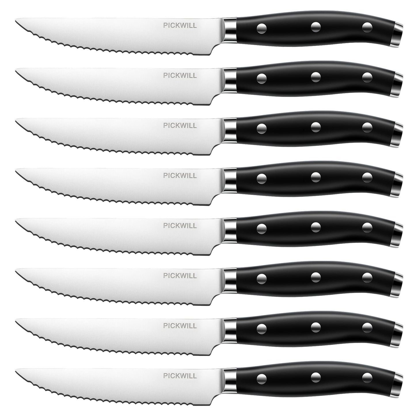 PICKWILL Steak Knives Set of 8, Serrated Classic Steak Knife Set, High Carbon Stainless Steel Kitchen Steak Knives with Full Tang Handle, 4.5 Inch Dinner Knives with Gift Box, Black