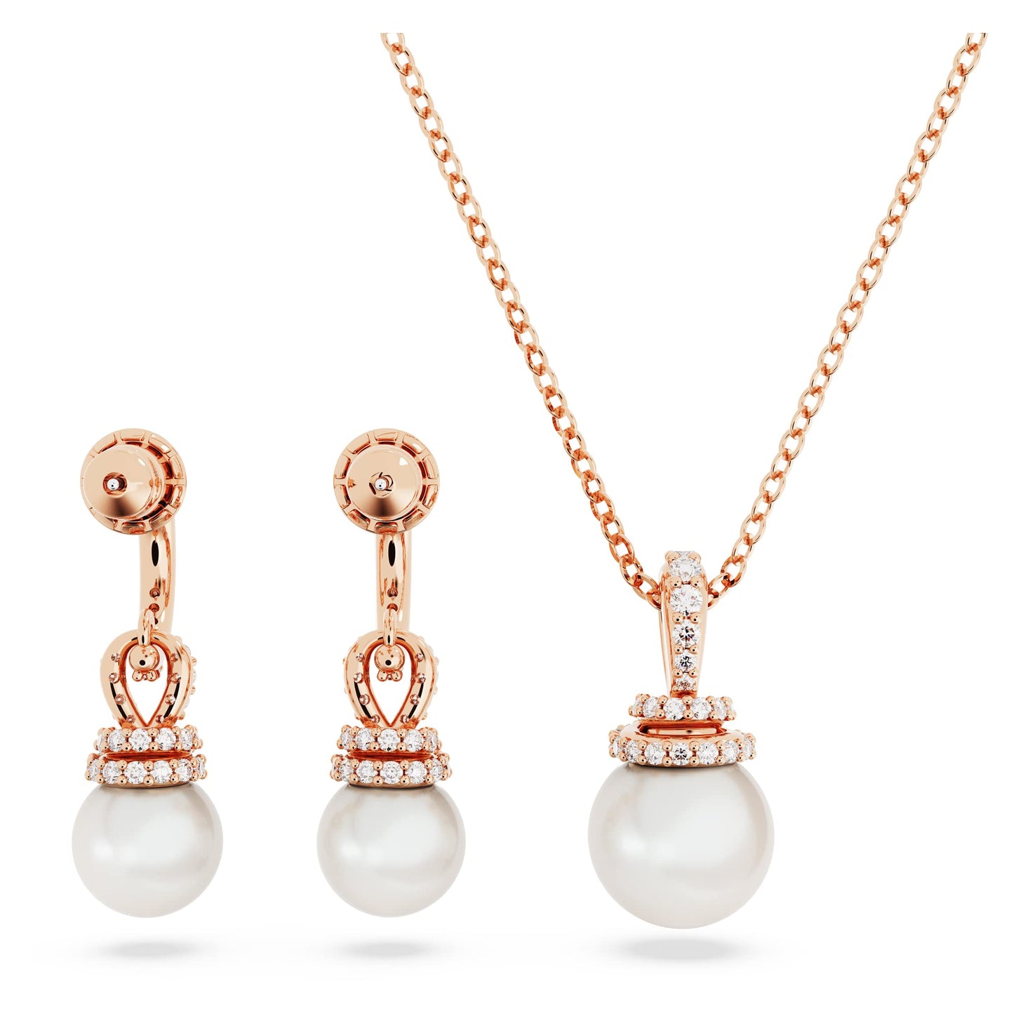 Swarovski Originally Earring and Necklace Set, Clear Stones and Pearls in a Rose Gold-Tone Finished Setting, Part of the Originally Collection