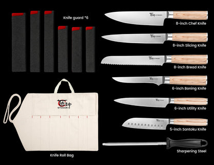 SYOKAMI Chef Knife Set, 14pcs Japanese Kitchen Knife Set with Roll Bag, Pakkawood Handle, High Carbon Stainless Steel Professional Kitchen Knives for Camp Travel Outdoor