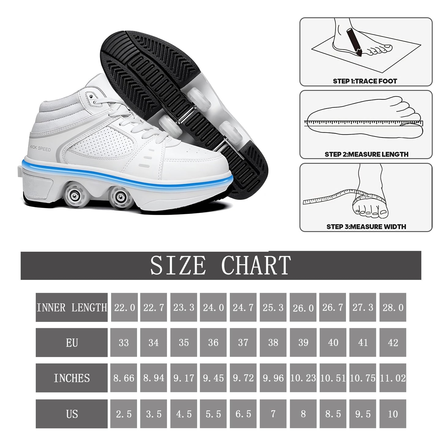 2-in-1 Roller Skates Shoes with Retractable 4 Wheels & Pop-Out Deformation Sneakers Outdoor Sports Skating Shoes for Girls Boys