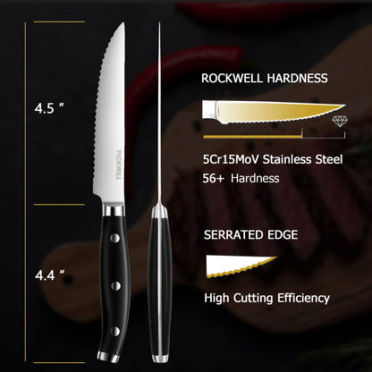 PICKWILL Steak Knives Set of 8, Serrated Classic Steak Knife Set, High Carbon Stainless Steel Kitchen Steak Knives with Full Tang Handle, 4.5 Inch Dinner Knives with Gift Box, Black