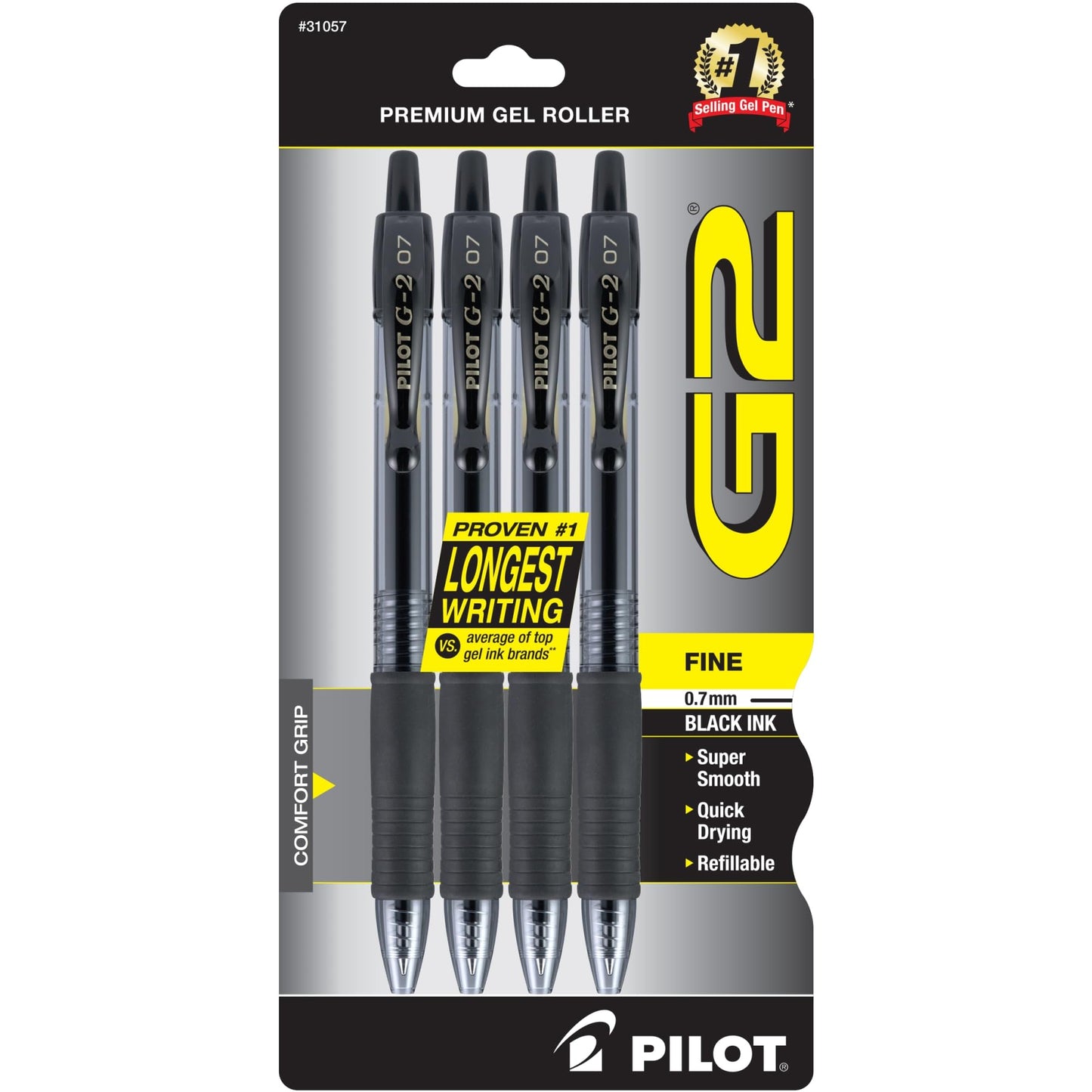 Pilot, G2 Premium Gel Roller Pens, Fine Point 0.7 mm, Black, Pack of 4