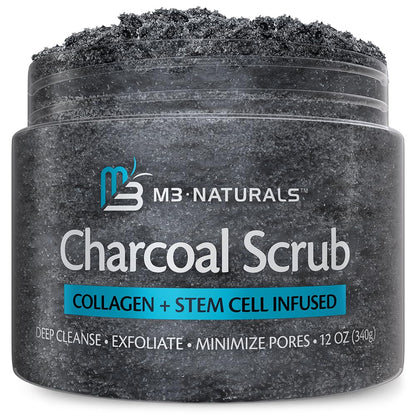 Charcoal Scrub, Face, Foot, and Body Exfoliator with Collagen and Stem Cells, Salt Scrub for Skin Toning, Cellulite, and Body Care by M3 Naturals