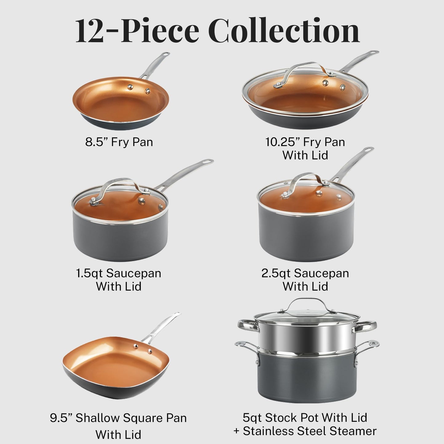 Gotham Steel 12 Pc Ceramic Pots and Pans Set Non Stick, Kitchen Cookware Sets, Pot and Pan Set, Ceramic Cookware Set, Non Toxic Cookware Set, Non Stick Pots and Pan Set, Oven Dishwasher Safe - Copper