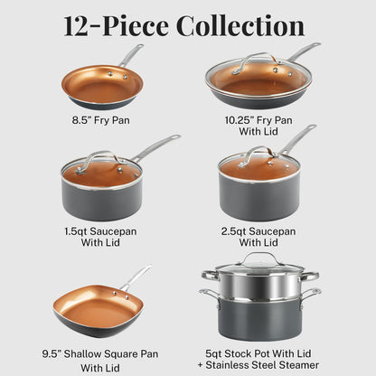 Gotham Steel 12 Pc Ceramic Pots and Pans Set Non Stick, Kitchen Cookware Sets, Pot and Pan Set, Ceramic Cookware Set, Non Toxic Cookware Set, Non Stick Pots and Pan Set, Oven Dishwasher Safe - Copper