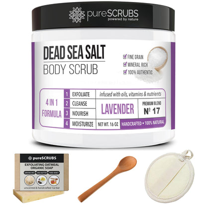 pureSCRUBS Premium Lavender Body Scrub Set - Large 16oz Dead Sea Salt Body Scrub With Infused Essential Oils & Nutrients, Includes Wooden Spoon, Loofah & Oatmeal Exfoliating Bar Soap