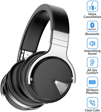 Silensys E7 Active Noise Cancelling Headphones Bluetooth Headphones with Microphone Deep Bass Wireless Headphones Over Ear, Comfortable Protein Earpads, 30 Hours Playtime for Travel/Work, Black