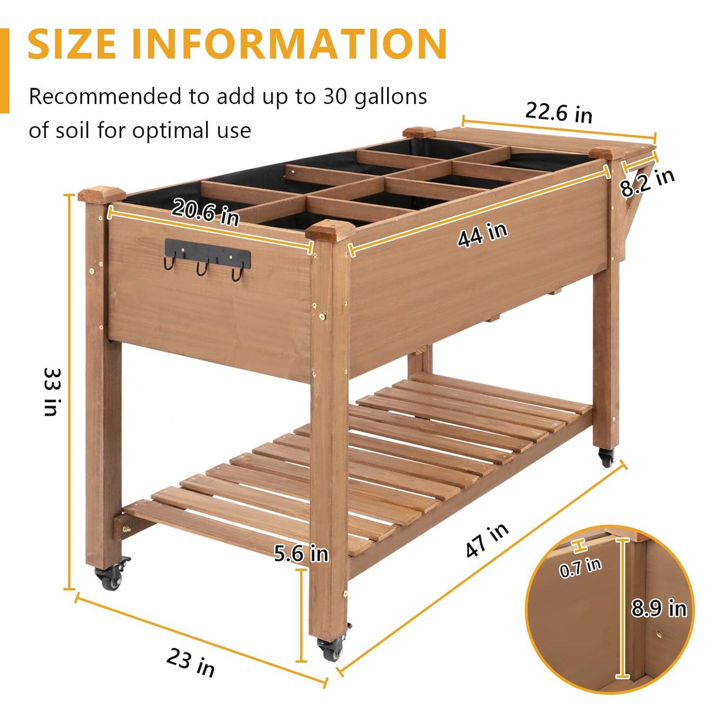 ketive Raised Garden Bed with Lockable Wheels Mobile Elevated Wood Planter,Storage Shelf, Protective Liner,55.5x24x32in (Brown)