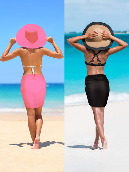 Chuangdi 2 Pieces Sarong Coverups for Women Bathing Suit Wrap Swimsuit Skirt Beach Bikini Cover up Swimwear Chiffon S-L(Black and Pink)