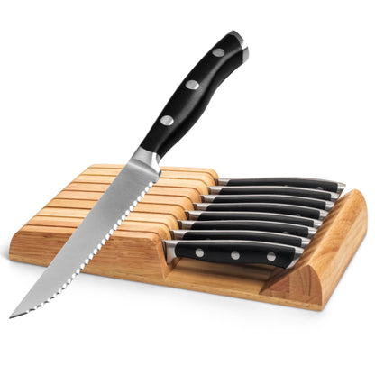 Alata 8-Piece Steak Knives Set with Block, Stainless Steel Steak Knife set with Serrated Edge, Razor-Sharp, Full-Tang Construction, Dishwasher Safe