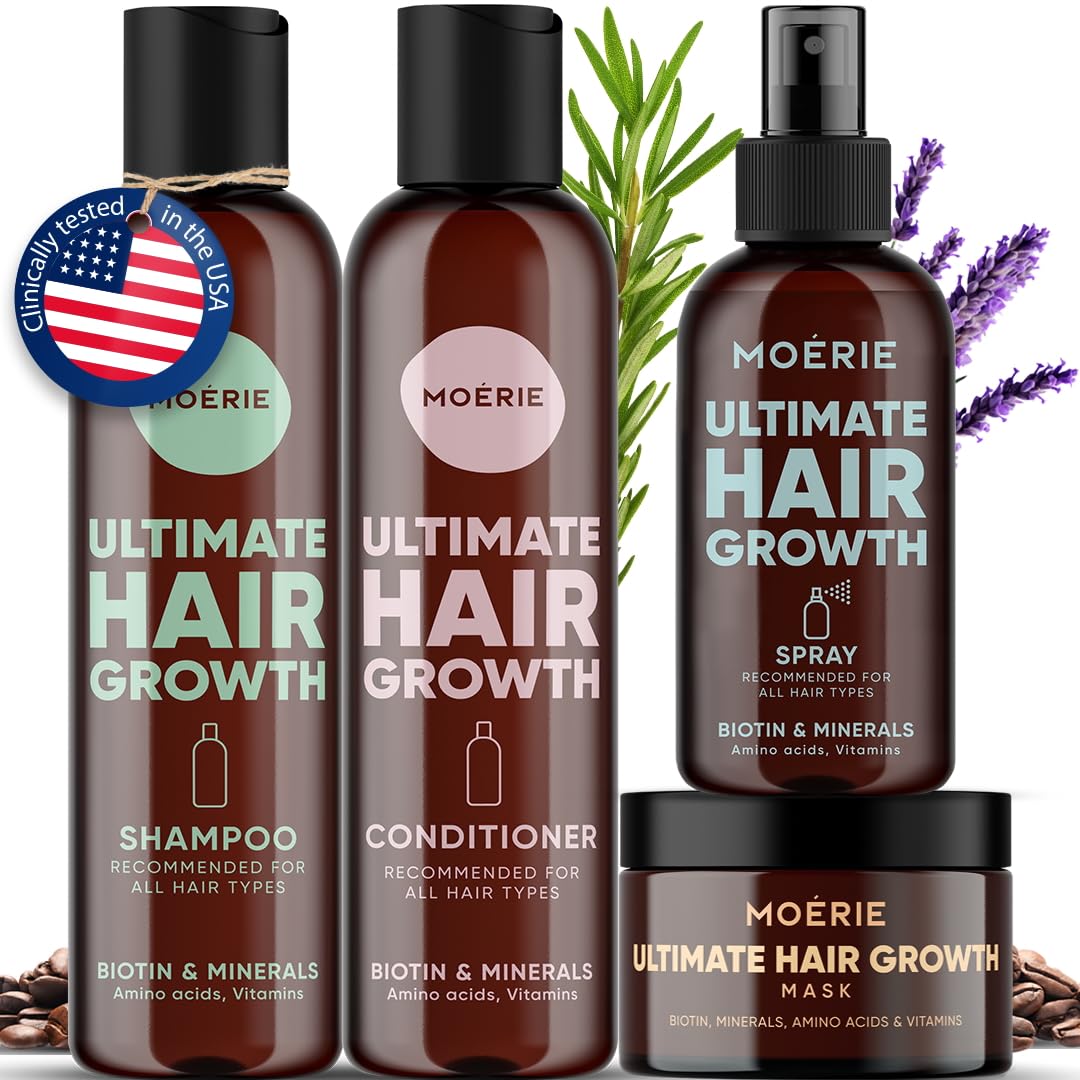 Moerie Shampoo and Conditioner Plus Hair Mask and Spray Mega Pack – The Ultimate Growth Care – For Longer, Thicker, Fuller Hair - Volumizing Products – Paraben & Silicone Free (Set of 4)