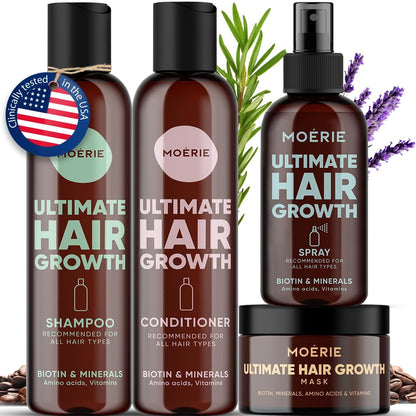 Moerie Shampoo and Conditioner Plus Hair Mask and Spray Mega Pack – The Ultimate Growth Care – For Longer, Thicker, Fuller Hair - Volumizing Products – Paraben & Silicone Free (Set of 4)