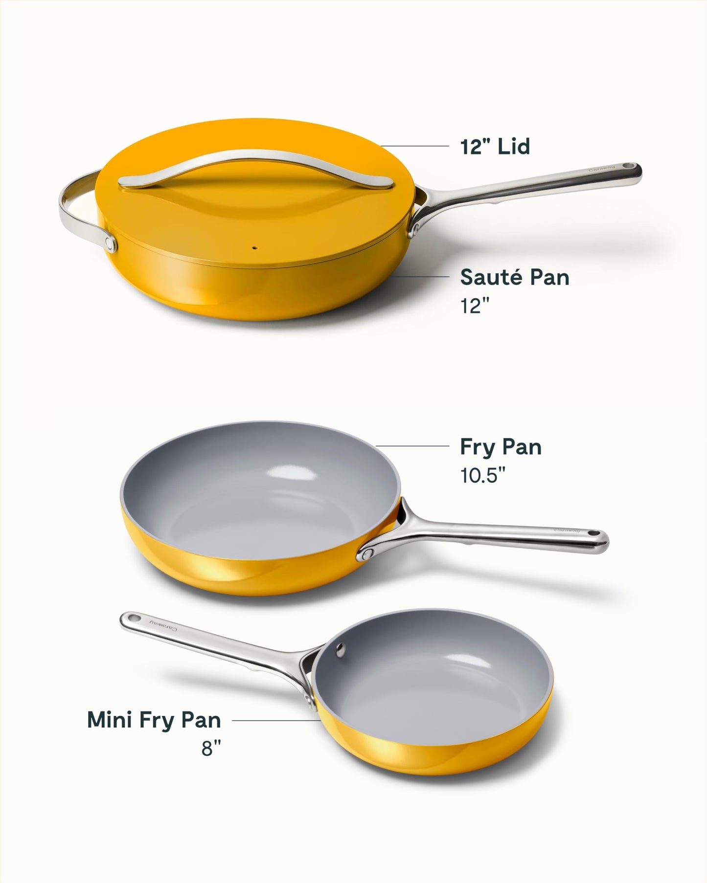 Caraway 4-Piece Fry Pan Set - Non-Stick Frying Pans (10.5” & 8”) & Non-Stick Sauté Pan - Non Toxic, PTFE & PFOA Free - Oven Safe & Compatible with All Stovetops (Gas, Electric & Induction) - Marigold