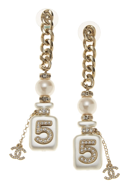 Chanel, Pre-Loved Gold & Crystal 'CC' Perfume Bottle Dangle Earrings, Gold