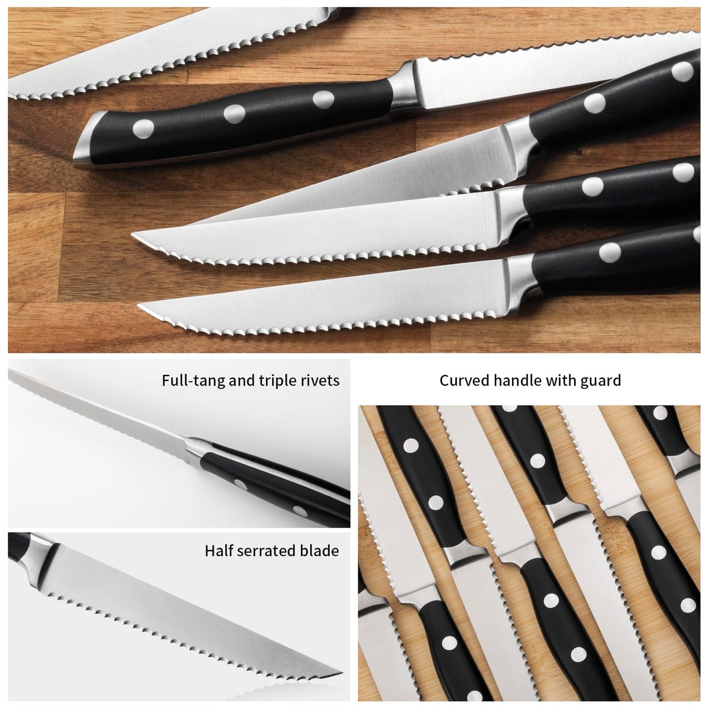 Alata 8-Piece Steak Knives Set with Block, Stainless Steel Steak Knife set with Serrated Edge, Razor-Sharp, Full-Tang Construction, Dishwasher Safe