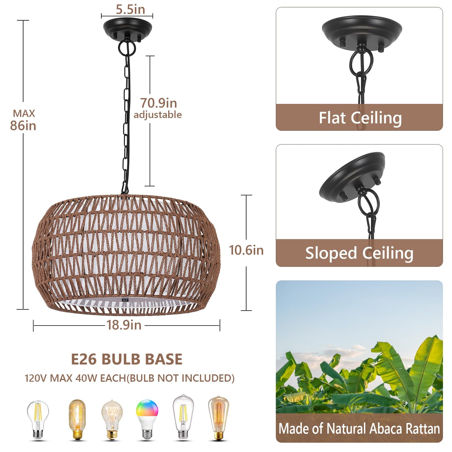 PAUFUL Rattan Farmhouse Chandelier Light Fixtures,5-Lights Boho Large Pendant Light,Woven Chandeliers for Dining Room with Fabric Shade,Rustic Hanging Light Fixtures for Kitchen Island-Dark Brown