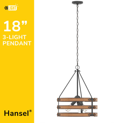 Inlight 18" Rustic and Industrial Design Farmhouse 3-Light Pendant for Kitchen Island, Textured Black and Faux Weathered Wood Finish, Metal Circular Hanging Chandelier for Foyer, IN-0335-3-WD