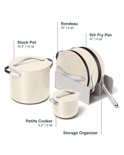 Caraway Cookware+ Collection - Specialty Cookware Set - Petite Cooker, Stir Fry Pan, Rondeau, & Stock Pot - 3 Lids & Storage Organizer Included - Cream