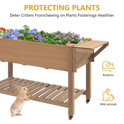 ketive Raised Garden Bed with Lockable Wheels Mobile Elevated Wood Planter,Storage Shelf, Protective Liner,55.5x24x32in (Brown)