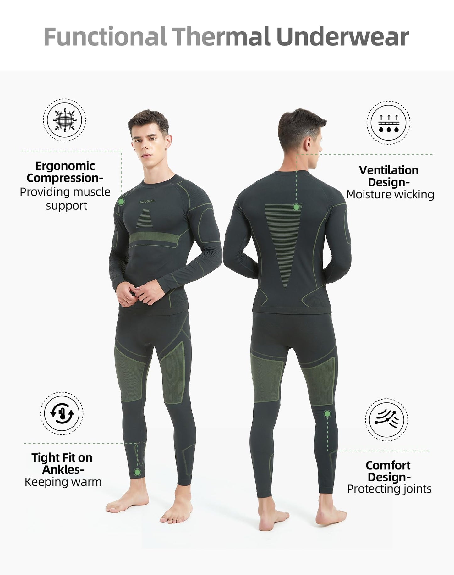 Thermal Underwear for Men Long Johns for Men, Long Underwear Mens Base Layer Men for Cold Weather Black-Green