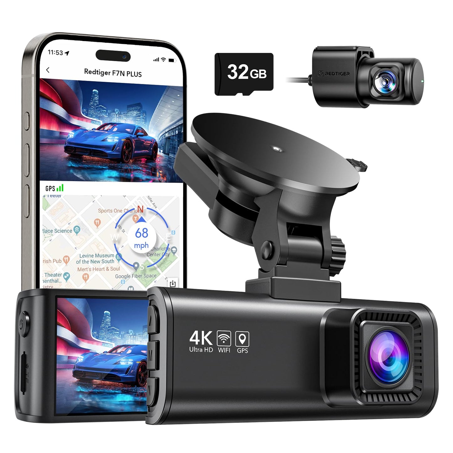 REDTIGER Dash Cam Front Rear, 4K/2.5K Full HD Dash Camera for Cars, Included 32GB Card, Built-in Wi-Fi GPS, 3.16” IPS Screen, Night Vision, 170°Wide Angle, WDR, 24H Parking Mode(F7NP)