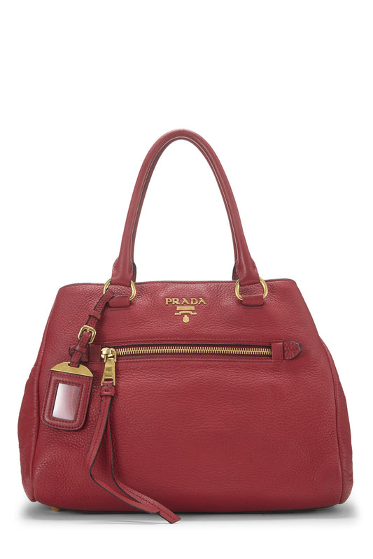 Prada, Usado Vermelho Vitello Daino Convertible Tote Pequeno, Vermelho