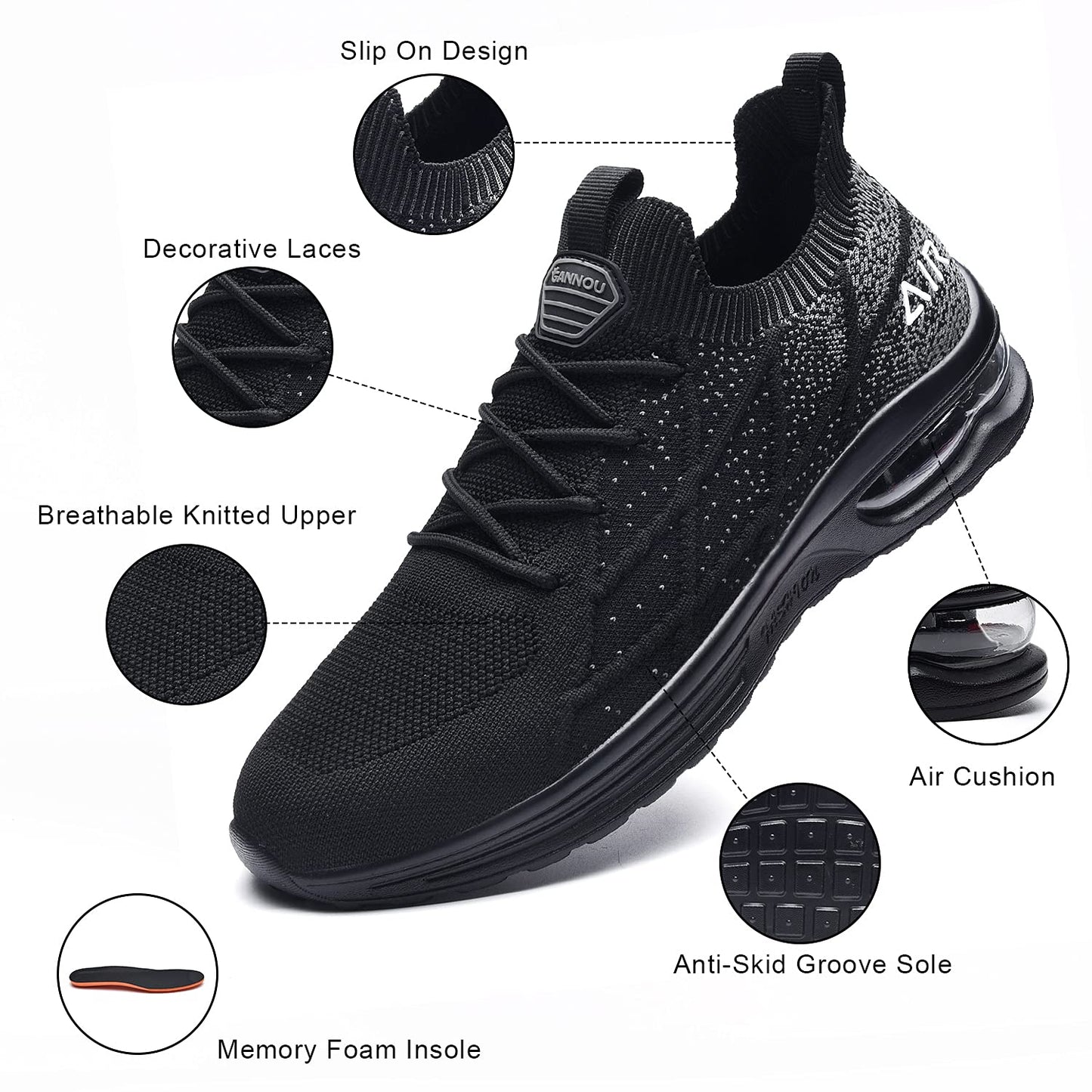 IIV Mens Walking Shoes Air Casual Running Gym Tennis Fashion Sneakers Comfortable Non Slip Black 9.5