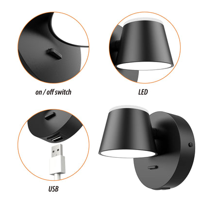 URSOLA Wall Light LED Wall Sconce with On/Off Switch USB Charging Port 110 Volt Hardwired Wall Lamp 350 Rotatable Up Down Sconces Wall Lighting (Black)