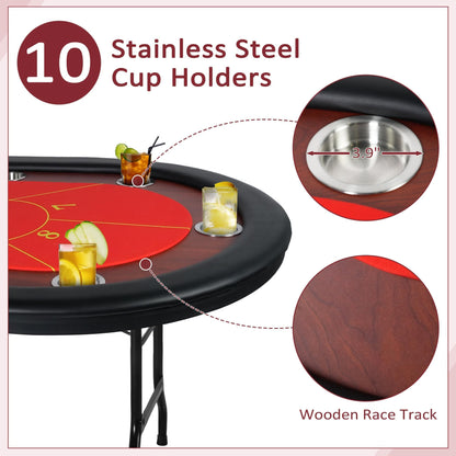 DC DICLASSE Upgrade 84" Folding Poker Table, 10 Players Oval Card Table with Stainless Steel Cup Holders & Padded Rails, Casino Leisure Felt Surface Texas Hold 'em Poker Table, Red