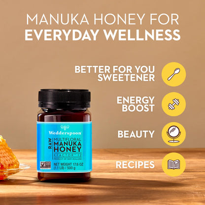 Wedderspoon Raw Premium Manuka Honey, KFactor 12, 8.8 Oz, Unpasteurized, Genuine New Zealand Honey, Non-GMO Superfood, Traceable from Our Hives to Your Home