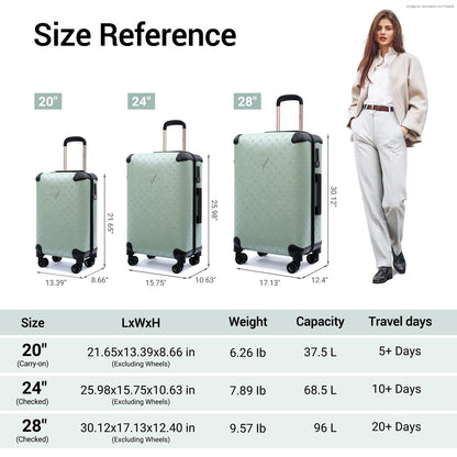 NZBZ 3 Piece Vintage Luxury Hardside Luggage Set, Lightweight Retro Suitcase with Double Spinner Wheels, TSA Lock, Large Capacity for Travel (Green, 20inch & 24inch & 28inch)