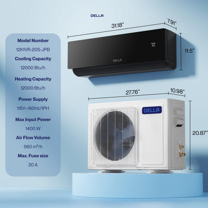 DELLA Umbra Series 12000 BTU Mini Split Work with Alexa 20 SEER2 Cools Up to 550 Sq.Ft Energy Saving Split AC & Pre-Charged 1 Ton Heat Pump Ductless Inverter System(R32 refrigerant)