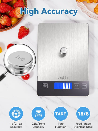 JOYHILL Food Scale, 10kg/1g Digital Kitchen Scale, Food Scale Grams and Ounces for Baking and Cooking, Premium Stainless Steel with LED Display, Batteries Included