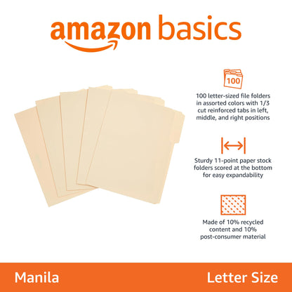 Amazon Basics 1/3-Cut Tab, Assorted Positions File Folders, Letter Size, Manila - Pack of 100