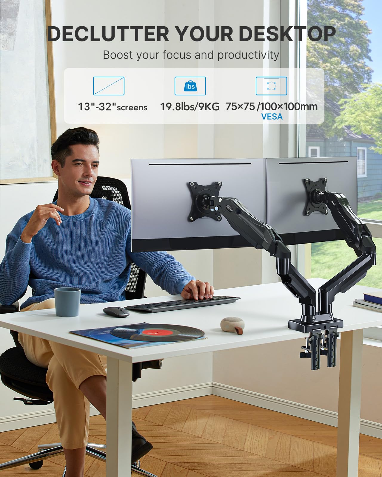 HUANUO Dual Monitor Stand - Full Adjustable Monitor Desk Mount Swivel Vesa Bracket with C Clamp, Grommet Mounting Base for 13 to 32 Inch Computer Screens - Each Arm Holds 4.4 to 19.8lbs