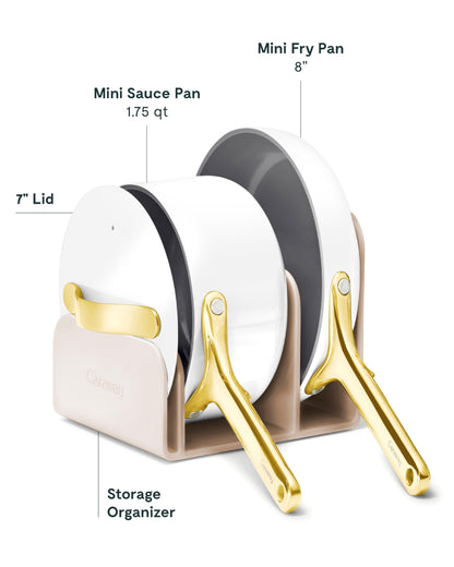 Caraway Mini Cookware Set - Non-Stick Ceramic Fry Pan (1.05 qt, 8") Sauce Pan (1.75 qt) & Storage Rack - Non Toxic, PTFE & PFOA Free - Oven Safe & Stovetop Agnostic (Gas, Electric & Induction) - White