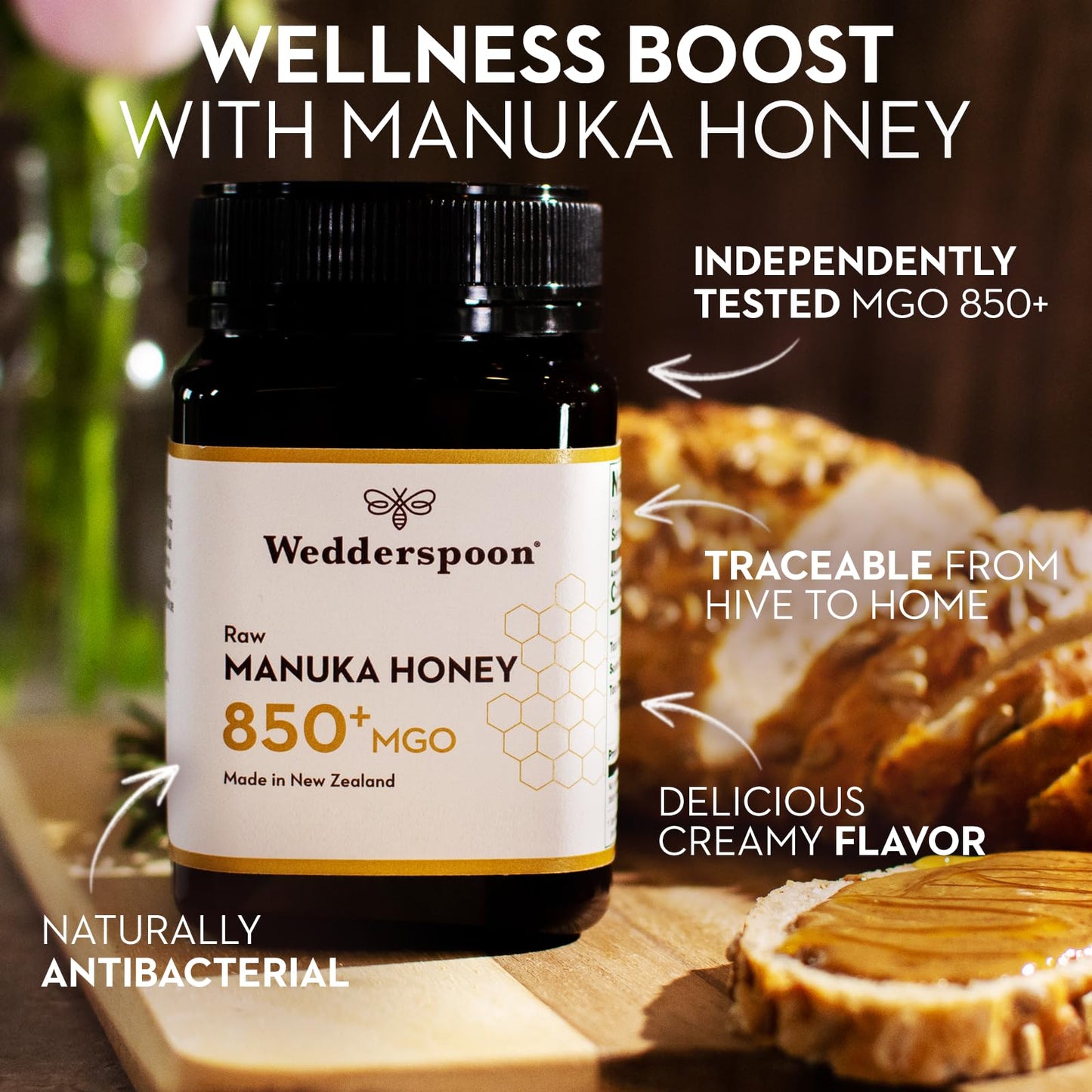 Wedderspoon Raw Premium Manuka Honey, MGO 850, 8.8 Oz, Unpasteurized New Zealand Honey, Traceable from Our Hives to Your Home