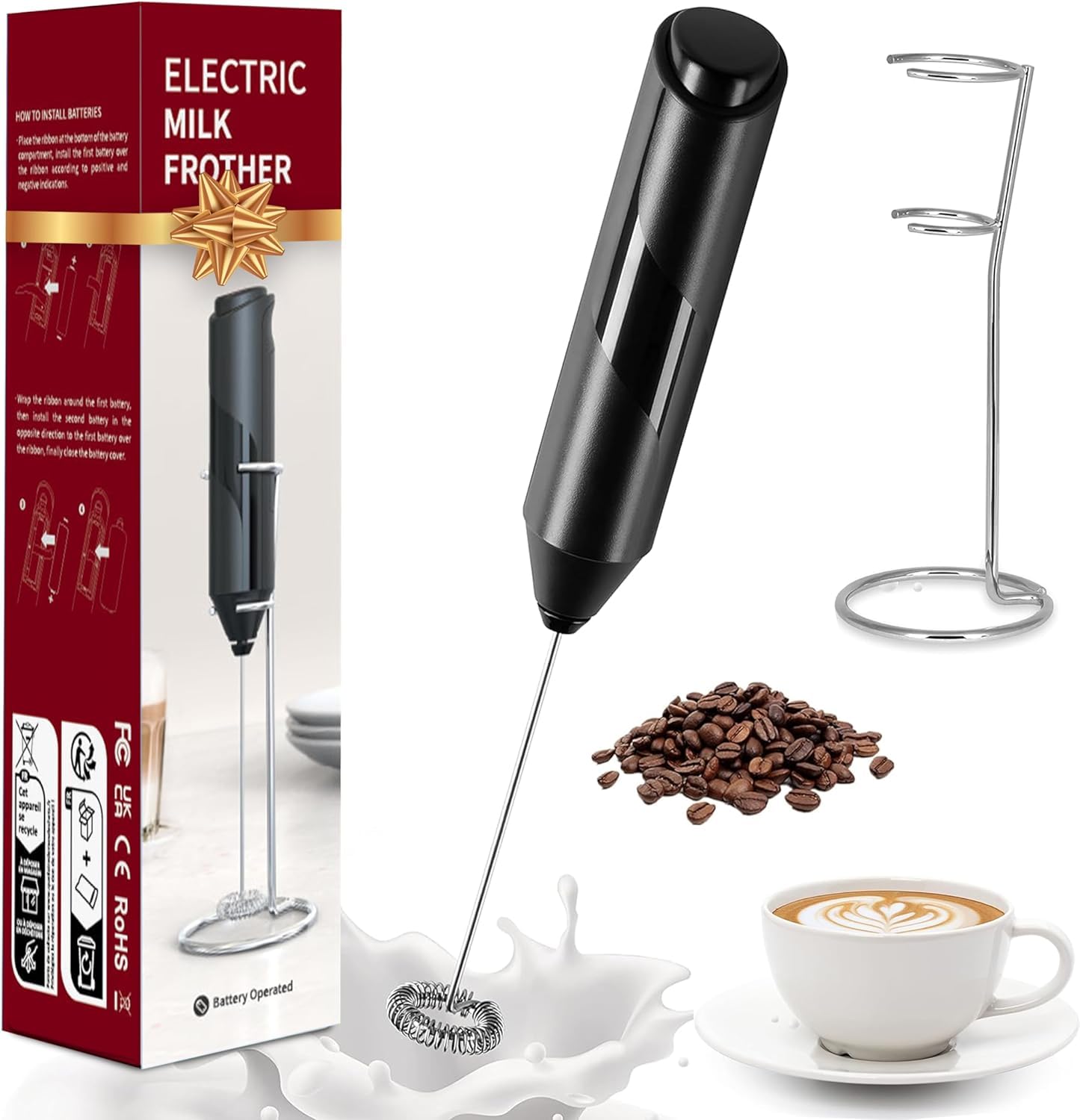 Simple Deluxe Milk Frother Handheld with Stainless Steel Stand Battery Operated Whisk Drink Mixer for Coffee, Frappe, Latte, Matcha, Black