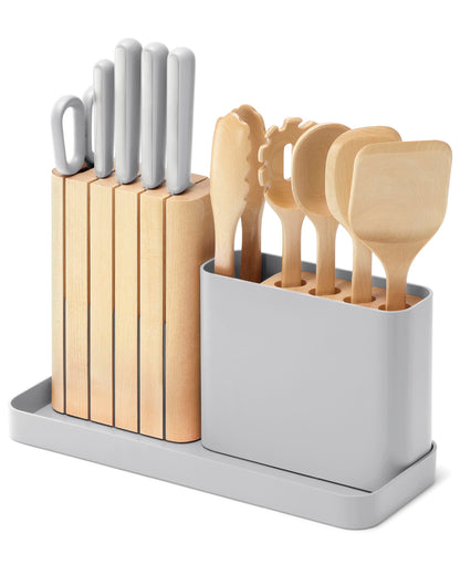 Caraway 14-Piece Kitchen Prep Set - Kitchen Knife Set & Wooden Utensil Set - Made With Premium German Steel Blades & FSC-Certified Birch Wood - Non-Toxic Materials - Includes Organizer - Grey