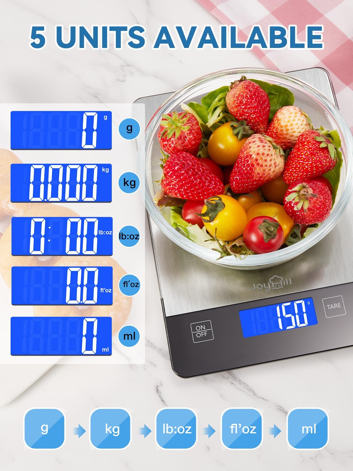 JOYHILL Food Scale, 10kg/1g Digital Kitchen Scale, Food Scale Grams and Ounces for Baking and Cooking, Premium Stainless Steel with LED Display, Batteries Included