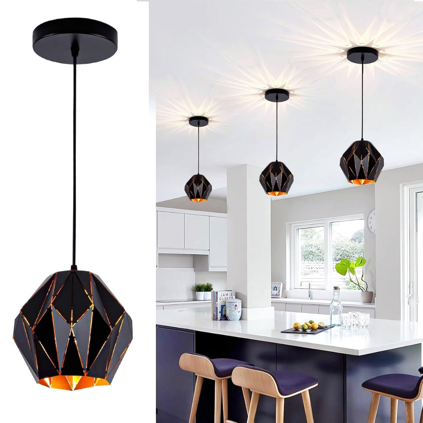 Omgomne Industrial Pendant Lights Kitchen Island,Black Ceiling Lighting Fixture Chandelier with Metal Geometric Diamond Shade Vintage Pendant Lamp for Dining Living Room Bedroom 1 Light