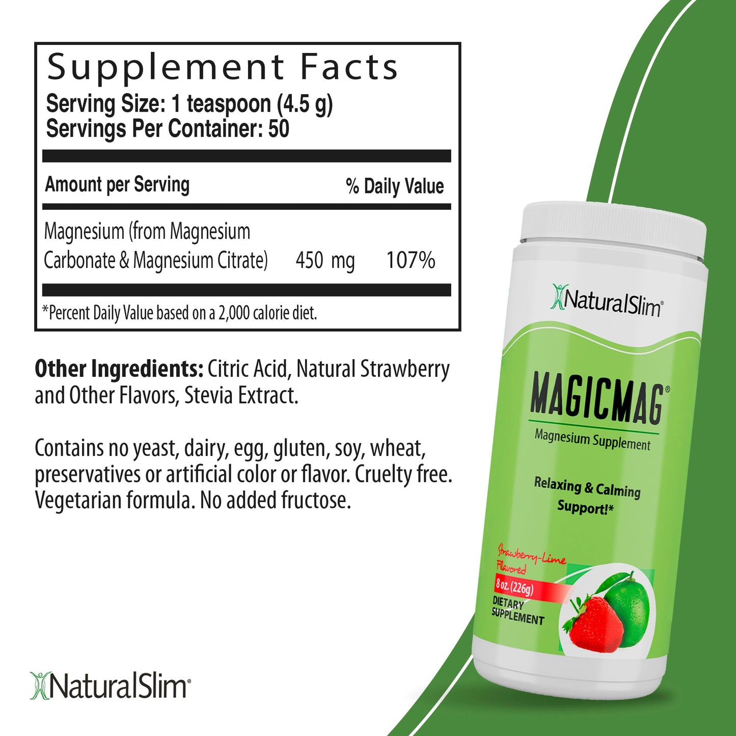 NaturalSlim Magicmag Pure Magnesium Citrate Powder – Stress, Constipation, Muscle, Heart Health, and Sleep Support | Natural Strawberry & Lime Flavored Magnesium Supplement - 8oz Drink Mix (Solo)