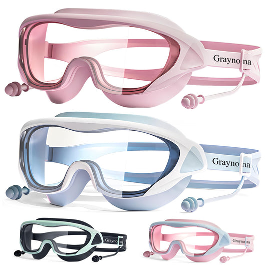 Graynoma 2 Packs Swim Goggles with Ear Plugs Anti-Fog UV Protection for Men Women Adult Youth(Pink and Blue)