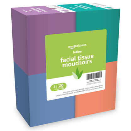 Amazon Basics Facial Tissue with Lotion, 2-Ply, 300 Count (4 Packs 75), (Packaging may vary)