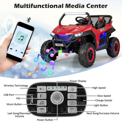 Costzon 2-Seater Ride on Car for Kids, 12V Kids' Electric Vehicles w/Remote Control, 4 Shock Absorbers, Wireless Music & FM, 3 Speeds, Ambiance Lights, Kids Electric UTV, Electric Car for Kids (Red)