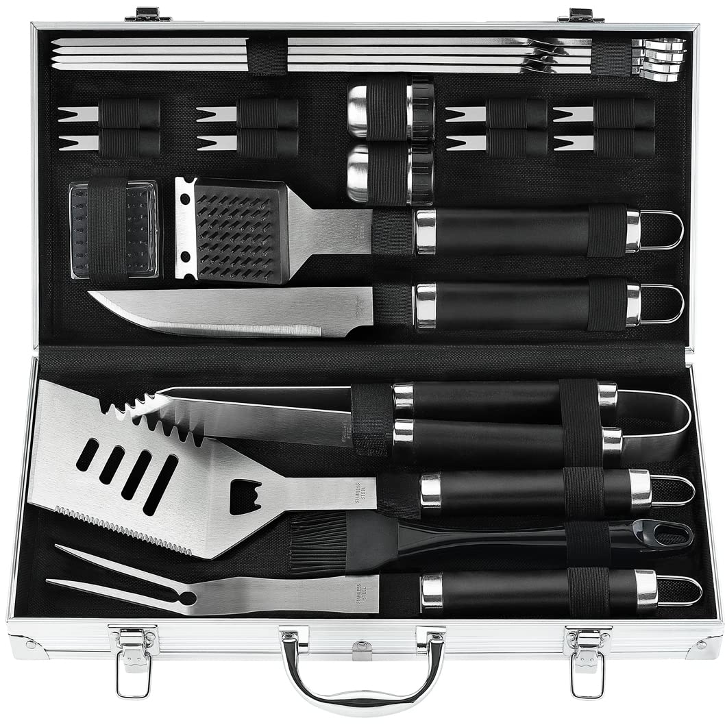 POLIGO 22PCS Heavy Duty BBQ Grill Accessories Set, Non-Slip Grill Tools for Outdoor Grill Set Thicker Stainless Steel Grill Utensils Set, Deluxe Grilling Tools Set in Aluminum Case Ideal Gifts for Men