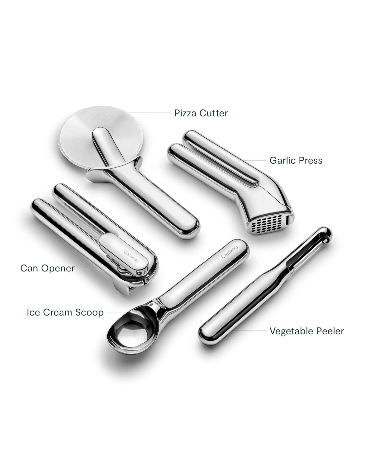 Caraway Kitchen Gadget Set - 5 Piece Kitchen Essentials - Stainless Steel - Includes Can Opener, Pizza Cutter, Garlic Press, Ice Cream Scoop, Vegetable Peeler, and Storage Organizer