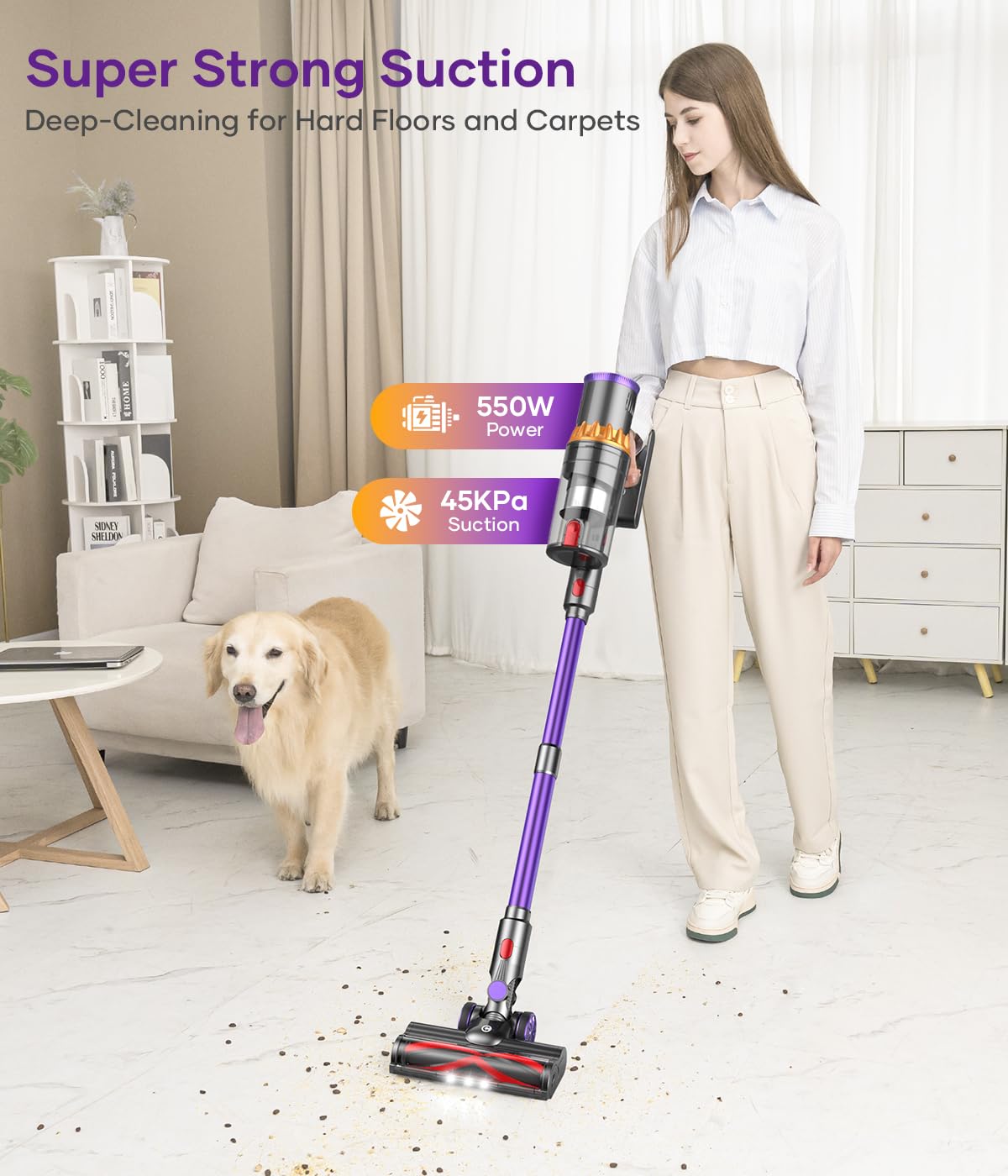 CHE BIO Cordless Stick Vacuum Cleaner, 550W/45Kpa with Smart Display, MAX 65Mins Runtime, Auto Mode & Anti-Tangle, Lightweight Vacuum for Home, Pet Hair/Carpet/Floor